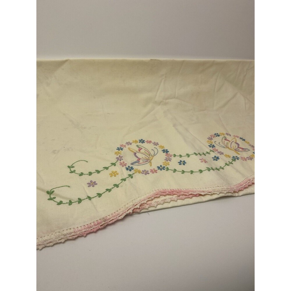 Vintage Needlepoint Standard Pillowcase Butterfly Flowers Stitched Border 21x28